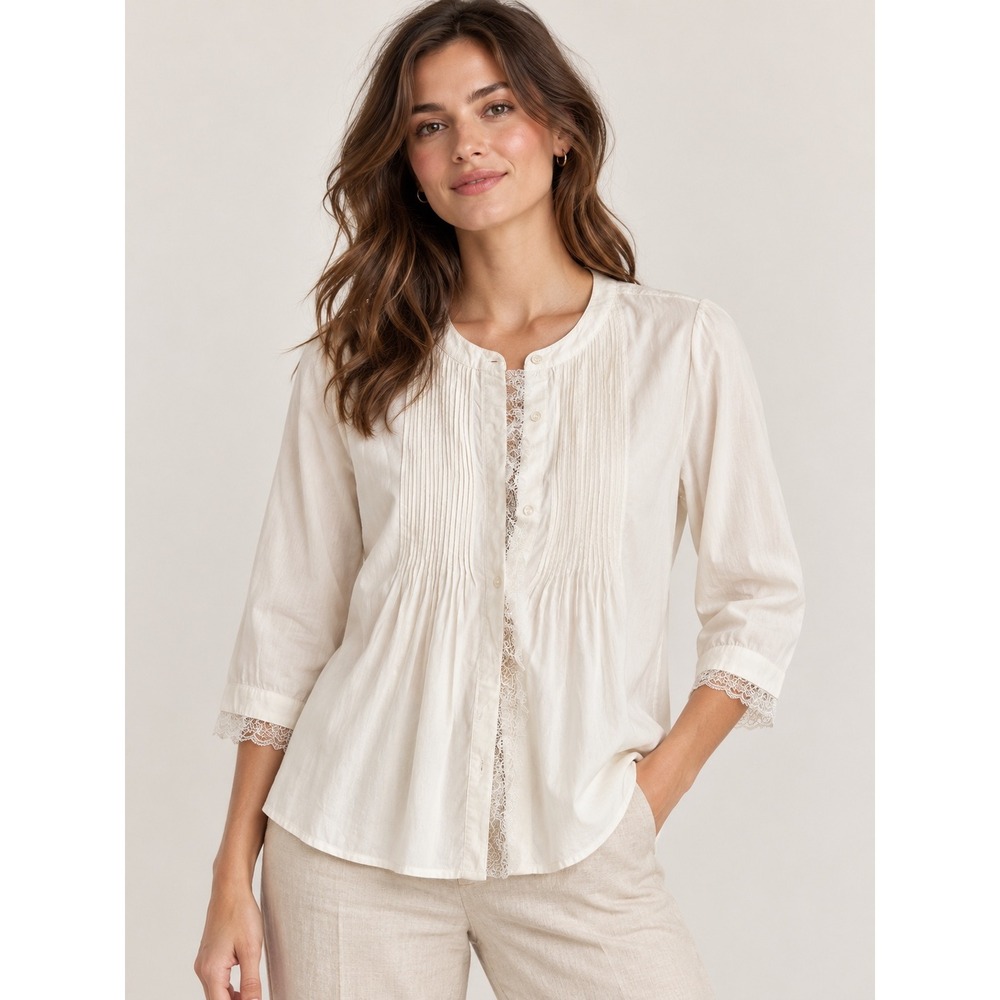 Les Petites Paris White Pintuck Lace Trim Cotton Blouse Size S 3/4 Sleeve Top